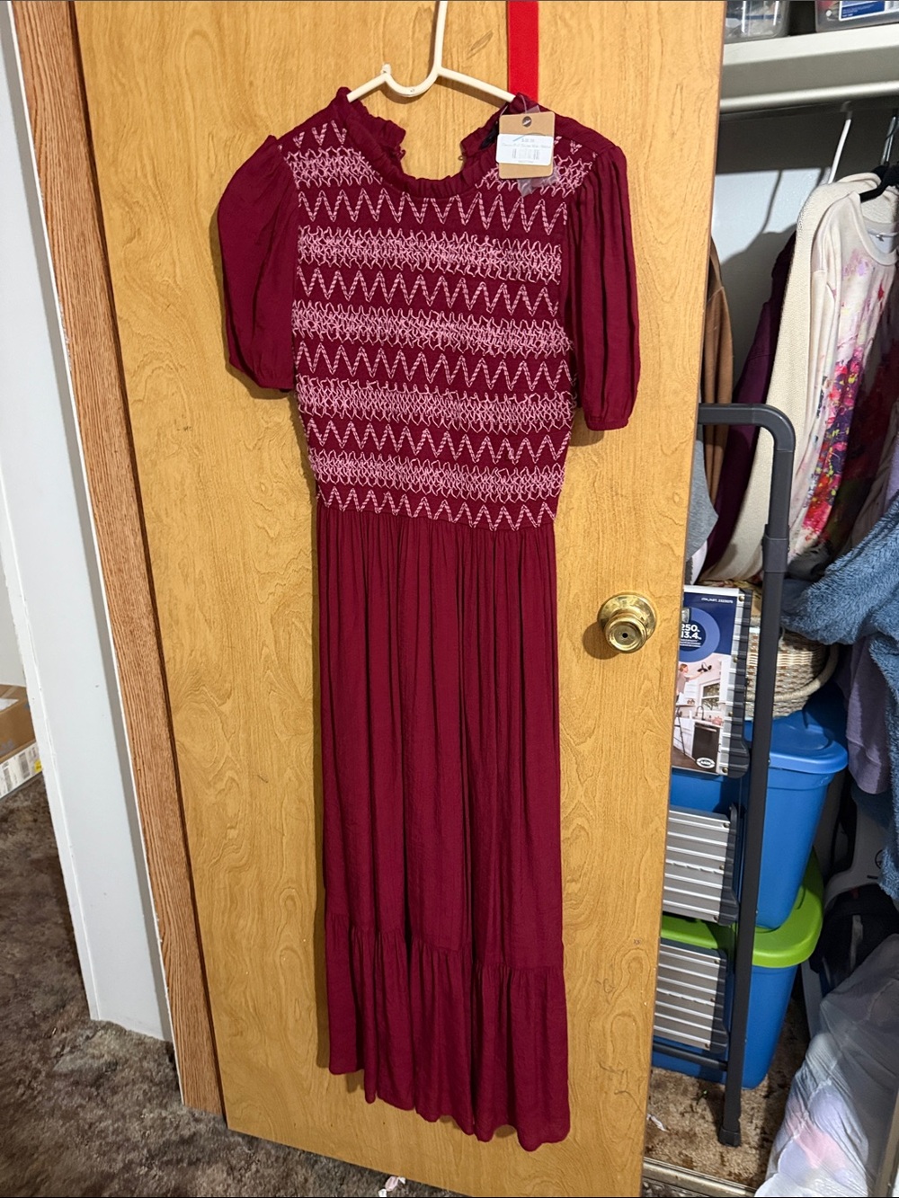 Women's Burgundy Smocked Maxi Dress with Puff Sleeves